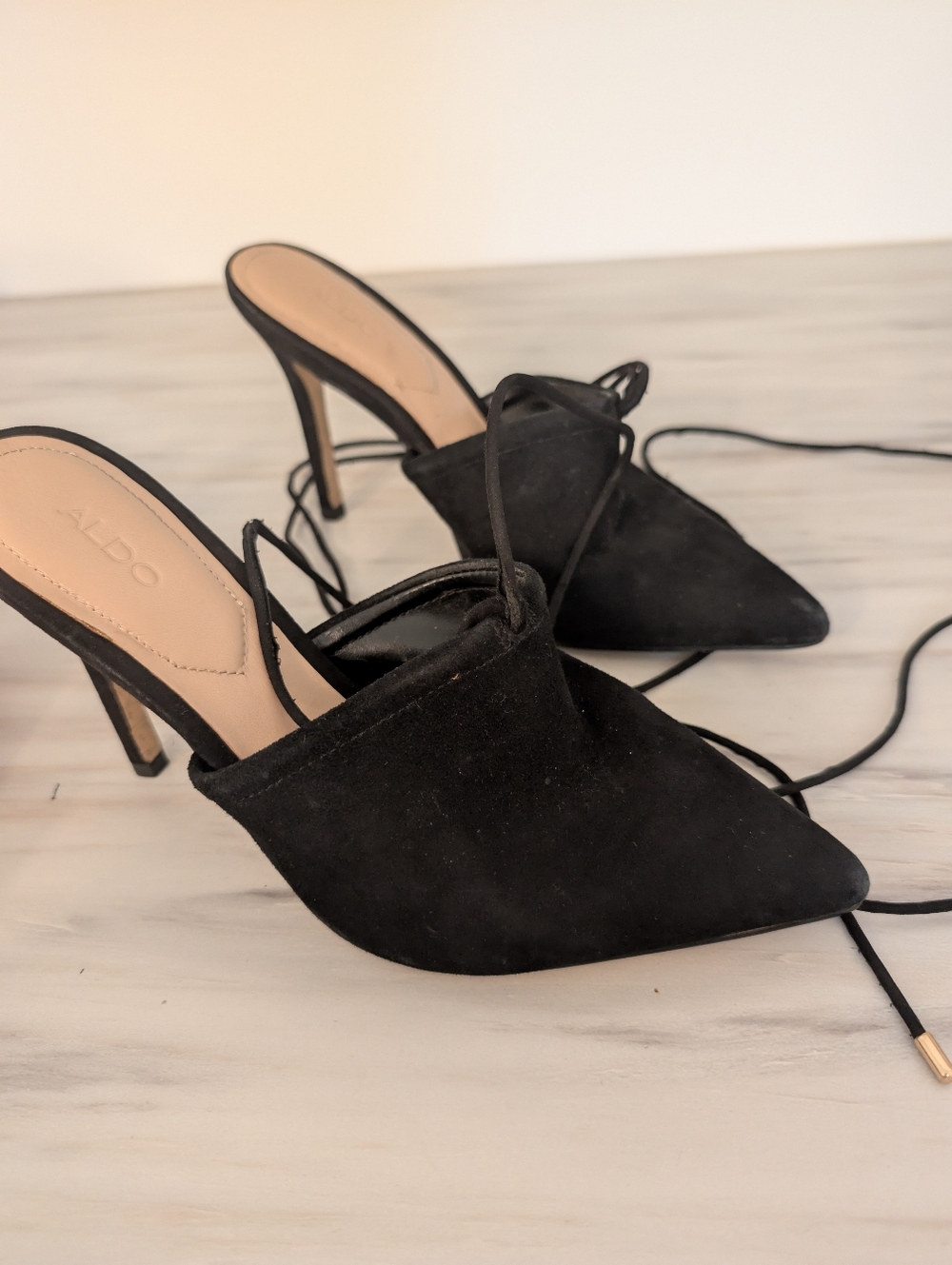 ALDO Black Suede Pointed Toe Lace-Up Heeled Mules